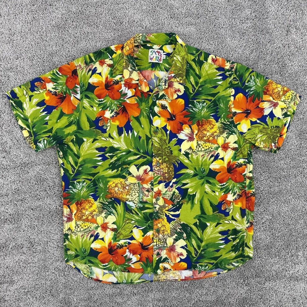 VTG Jams World Shirt Mens L Rayon Hawaiian Floral Pineapple AOP Made In USA